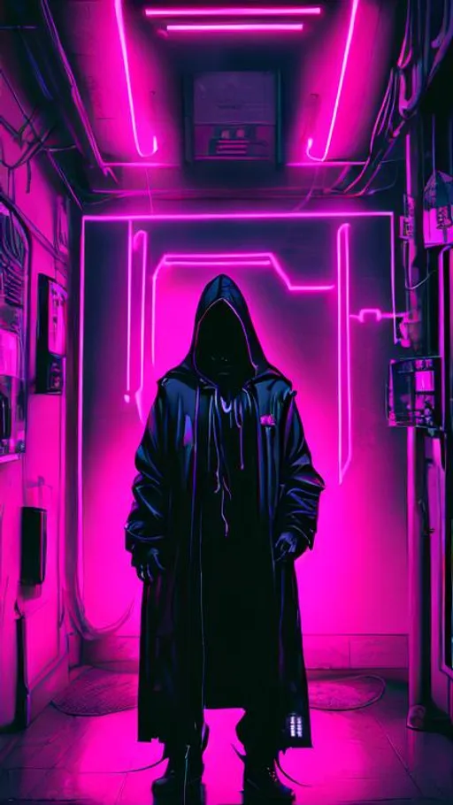 Prompt: Quality, hooded figure, selling their soul to death, neon lighting, 8k, cyberpunk