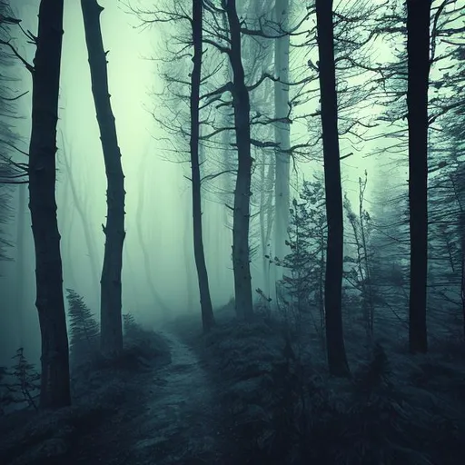 Prompt: dark forest,fog,alley, midnight, moonshine