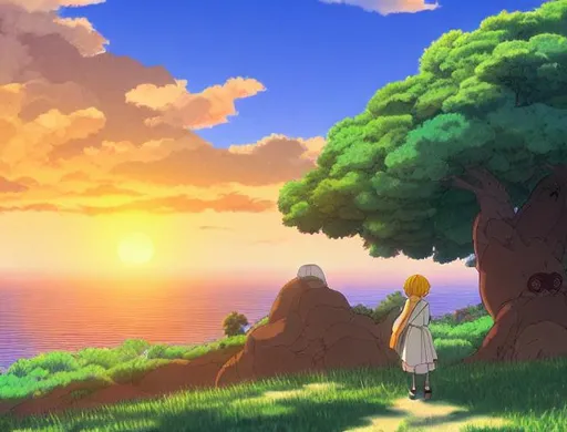 Prompt: Studio Ghibli-style sunset, 8K, UHD render, RPG

