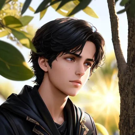 Prompt: Realistic photo of handsome 15 years old Nico di angelo looking down with love in his eyes above you with a divine presence. Beautiful action scene art. hi is wearing an black roman toga. he is wearing a golden laurel wreath, light from a ray of sunlight that is distorted by the leaves of an olive tree. he is under a olive tree, UHD, hd , 8k, , Very detailed, panned out view of character, zoomed out view of whole character,  perfect composition, hyperrealistic, super detailed, 8k, high quality, sharp focus, intricate details, highly detailed, dynamic lighting, detailed and intricate environment, highest quality, ethereal, luminous, glowing, dark contrast, celestial, trails of light, soft light, backlit, vaporwave