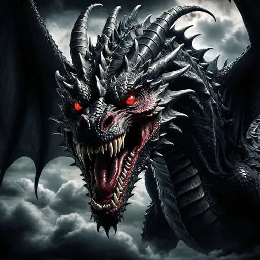 Prompt: Monstrous dragon, dark fantasy, horror, evil, sinister, detailed scales, menacing gaze, piercing red eyes, eerie atmosphere, high quality, dark and ominous, horror style, sinister shadows, intense lighting, gothic, ominous clouds, intimidating presence, otherworldly, best quality, ultra-detailed, dark fantasy, horror, menacing, atmospheric lighting, seen from below, full body view