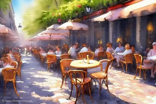 Prompt: Create a stunning watercolor painting of a charming Parisian sidewalk cafe on a sunny midday. Capture the warm, dappled sunlight illuminating the cobblestone street, the vibrant outdoor seating with wrought-iron chairs and colorful umbrellas, and the inviting ambiance of the scene. include people sat at the tables. Ensure the artwork is of high-definition quality, suitable for high-quality printing, and conveys the romance and elegance of Parisian life.