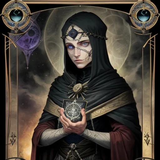 Prompt: Tarot card. "The seer", eyes 