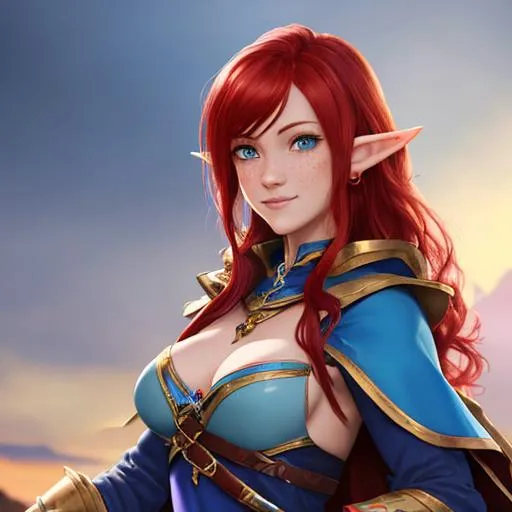 Prompt: oil painting, D&D fantasy, blue-skinned-elf girl, blue-skinned-female with freckles, slender, beautiful, short fiery red hair, wavy hair, smiling, pointed ears, looking at the viewer, cleric wearing intricate adventurer outfit, #3238, UHD, hd , 8k eyes, detailed face, big anime dreamy eyes, 8k eyes, intricate details, insanely detailed, masterpiece, cinematic lighting, 8k, complementary colors, golden ratio, octane render, volumetric lighting, unreal 5, artwork, concept art, cover, top model, light on hair colorful glamourous hyperdetailed medieval city background, intricate hyperdetailed breathtaking colorful glamorous scenic view landscape, ultra-fine details, hyper-focused, deep colors, dramatic lighting, ambient lighting god rays, flowers, garden | by sakimi chan, artgerm, wlop, pixiv, tumblr, instagram, deviantart