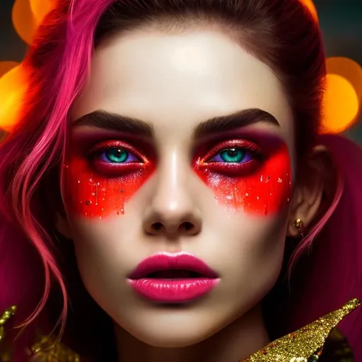 Prompt: A beautiful woman's face, sad, tears dropping from an eye. Skin is pale gold, glittering red. Elf ears, very long incisive teeths. Cartonish style, extremely saturated neon colors.