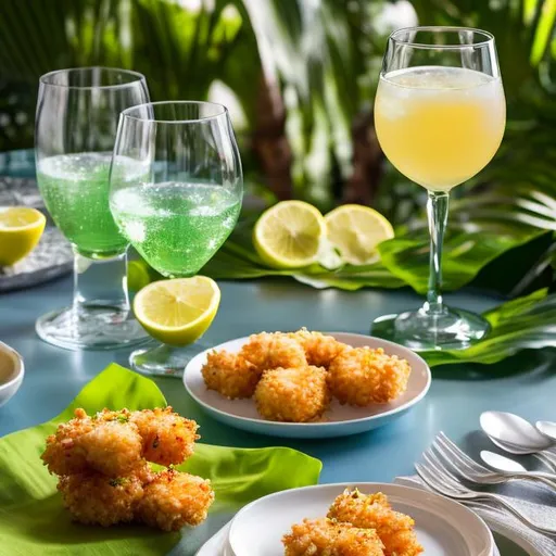 Prompt: "Generate an image of a scene at a tropical beach resort, with the table meticulously decorated to emphasize its intricate details. Place a glass of exceptionally refreshing and sparkling lime juice with a vivid green color, made from bright green Tahiti lemons with ice cubes. Set the plate of beautifully presented breaded shrimp separately. However, give the utmost attention to the magnificent serving platter, prominently featuring a meticulously crafted Valencian paella as the centerpiece of the scene. The paella should be exquisitely prepared, with vibrant colors and an inviting presentation. Ensure that the entire scene exudes an atmosphere of a beachside summer vacation, with the paella as the star of the show, all meticulously presented and beautifully arranged."" ultra hd, realistic, vivid colors, highly detailed, UHD drawing, pen and ink, perfect composition, beautiful detailed intricate insanely detailed octane render trending on artstation, 8k artistic photography, photorealistic concept art, soft natural volumetric cinematic perfect light"

