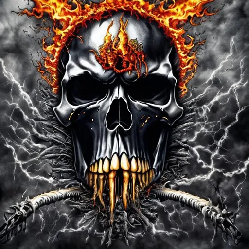 Prompt: Ultra HD Metallica album cover with flames and skulls 
