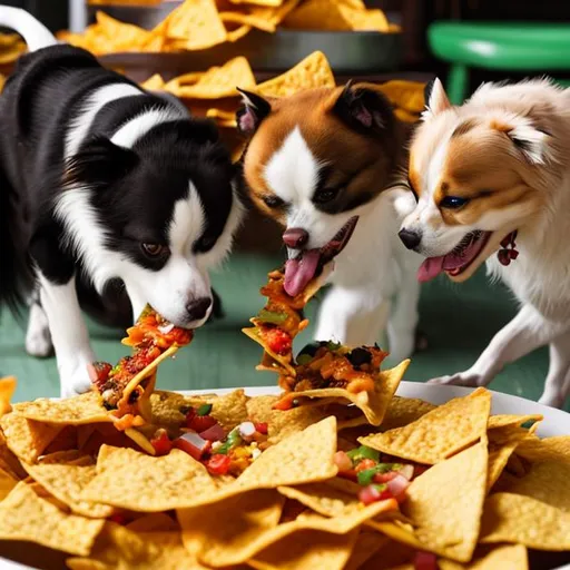 Prompt: dancing dogs eating nachos