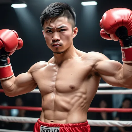 Prompt: high resolution, 4k, detailed, high quality, professional, wide view
Sweaty muscle boxing guy. Big red boxing gloves. Sweaty armpits. Asian young faces. Strong arms raised up to flex muscles.