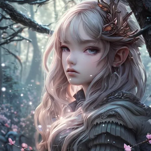 Prompt: (masterpiece) (highly detailed) (top quality) (cinematic shot)  anime style, front view, goddess of dark forest,realistic, instagram able, 1girl with elf ears walking into the forest, reflections, depth of field, 3D illustration, professional work, long hair, blonde hair, centered shot from below, blue dark eyes, cherry blossom dark forest, sunlight background, calling us to folow her.