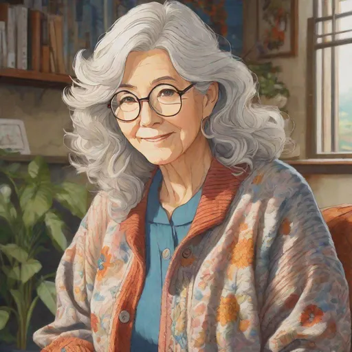 Prompt: Third person, gameplay, high quality, high detail, portrait, confident woman in her 70s, wavy blond hair, glasses, wearing a cardigan and comfy pants, cool atmosphere, anime style, manga style, style of Studio Ghibli, detailed print by Hayao Miyazaki, 