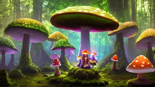 Prompt: scenic long shot of multiple cute girls, glowing fantasy mushrooms, forest