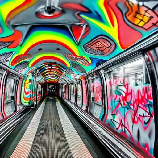 Prompt: A colored photo of a subway train covered bright red, green, blue and yellow in graffiti, symmetrical, monochrome photography, highly
detailed, crisp quality and light reflections, 100mm lens