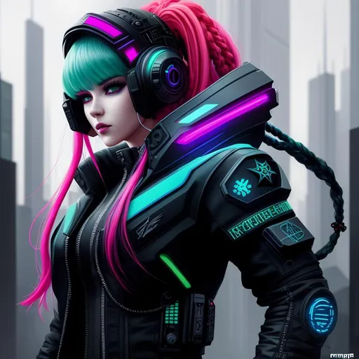 Prompt: A hyper realistic detailed character poster ((full body)) image of a ((beautiful woman)), with intricate ((cyberpunk clothes)) with braided ((ginger ombre black and green hair)). Wearing (( cyberpunk mask)), highly detailed, digital painting, Trending on artstation, HD quality, ((by Prywinko)), ((sexy))