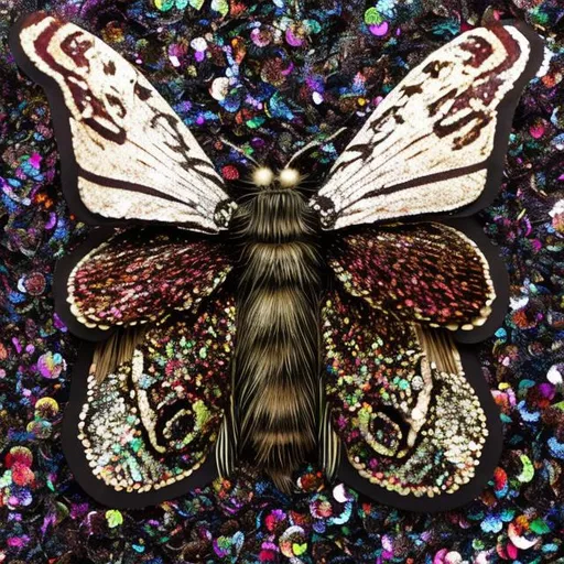 Prompt: Deaths head moth made out of Sequins 