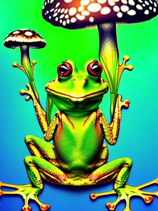 Prompt: Realistic Trippy frog with extra eyes sitting on mushroom
