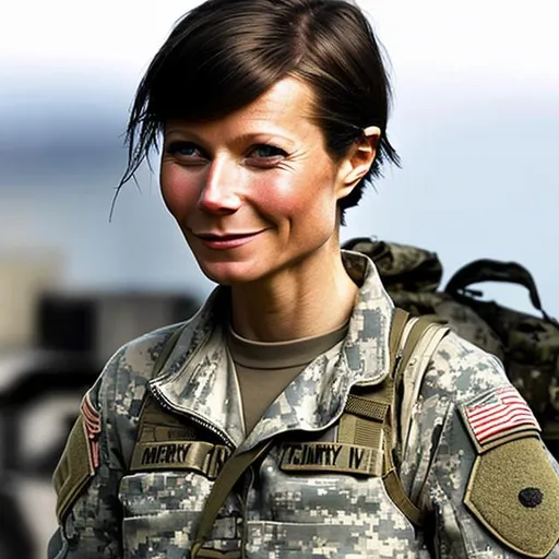 Prompt: gwyneth paltrow, combat medic, military soldier, short black hair, undercut hairstyle