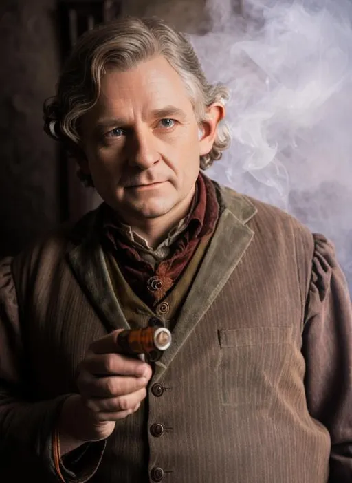 Prompt: Pipe smoking Bilbo Baggins portrait, photo, brown atmosphere, high resulation