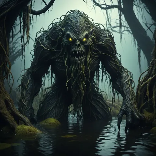 Prompt: Dark fantasy swamp monster, murky swamp water, detailed textures, high quality, 4k, sinister atmosphere, water flora, unhuman, eerie glowing eyes, twisted gnarled vines, decaying vegetation, slimy textured skin, high quality, dark fantasy, ominous, sinister lighting, eerie color tones, detailed texture