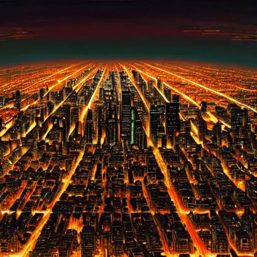 Prompt: An oil painting of a panoramic view of a city skyline at night, where the buildings are illuminated by halogen lights that form intricate, technicolor patterns. The intensity of the lights resembles a colourful wildfire, with the city's dark silhouette contrasting against the vibrant, gem-like glow of the halogen lights.