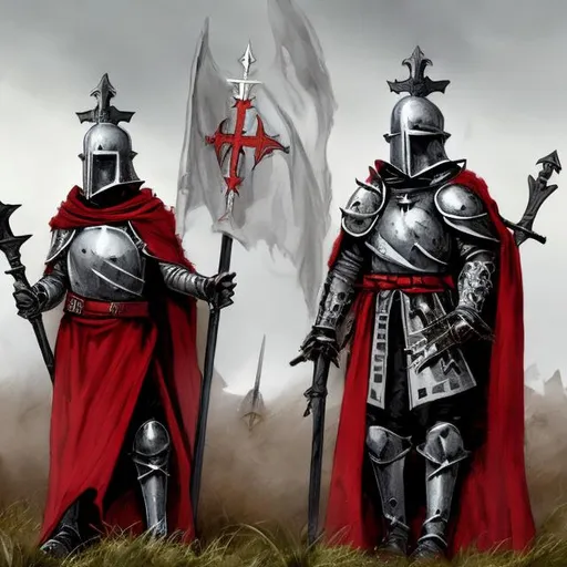 Prompt: teutonic knight and hospitaller knight with red maltese crosses on their cloaks and wearing horned helmets standing in a battlefield with halberds
