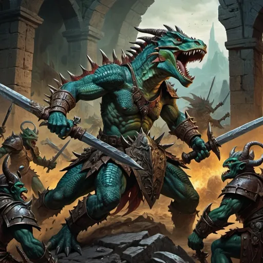 Prompt: Warhammer fantasy RPG style, 2 lizardmen battling, intense action, detailed scales and armor, high-quality illustration, fantasy, battle scene, fierce expressions, dynamic poses, dark and moody lighting, ancient ruins backdrop, vibrant colors, detailed weapons and shields, mythical creatures, fantasy art