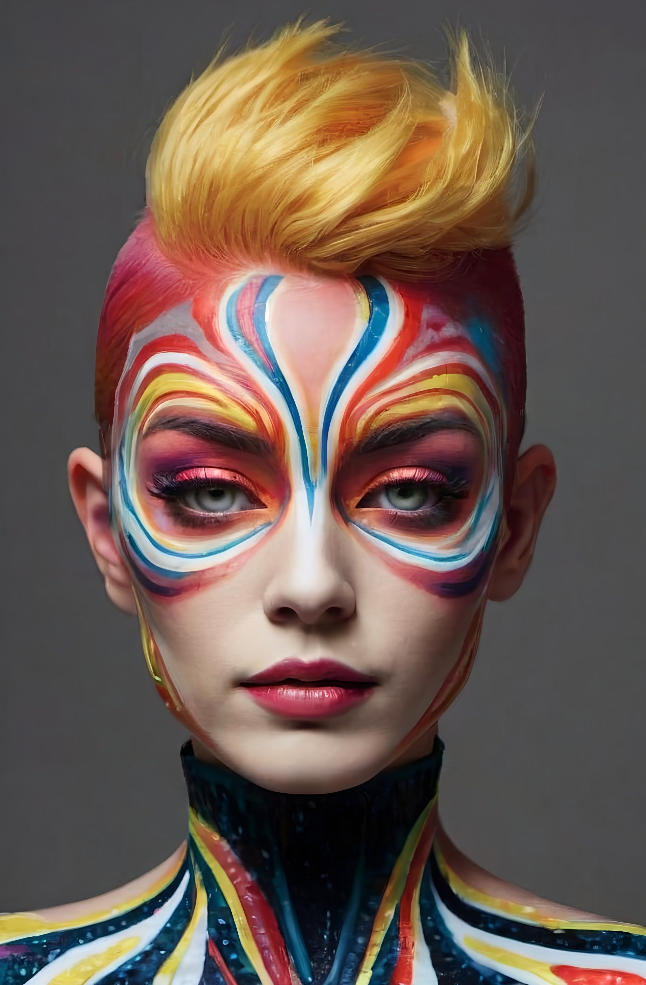 Prompt: a woman with colorful makeup and face paint on her face and chest, with a yellow hair and a red lip fauvism, swirly vibrant color lines