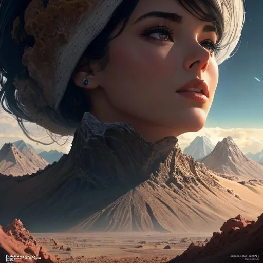 Prompt: Create a high-resolution head and shoulders painting of a planet-sized, gorgeous giantess bursting out of the Earth's crust. The scene should be intense and dramatic with cinematic lighting that highlights her stunning features. The artwork should be inspired by the styles of Norman Rockwell, Craig Mullins, and Ross Tran, and should be in 4K resolution. The focus should be on the giantess's face and upper body as she emerges from the planet, and the overall effect should be awe-inspiring and powerful.