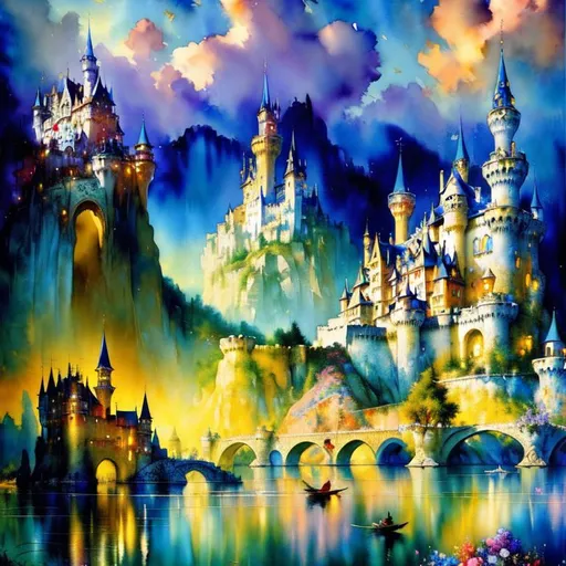 Prompt: Watercolor beautiful fairytale castle by Pino Daeni, Picasso, Daniel Merriam, Kandinsky, Cicely Barker, highly detailed, fantasy, intricate, very attractive, beautiful poster, 4K, 3D, colourful hdr, patchwork,  2mp