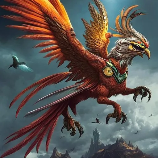 Prompt: Combine the following fantasy animals, majorly the indian Garuda and minorly a Phoenix (or just make the bird parts of the Garuda look like a Phoenix). Add a weapon that it may use (can be magical).