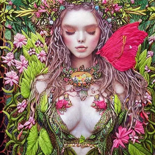 Prompt: goddess portrait. Fairy forest. intricate artwork by helencas. very coherent symmetrical artwork.  hand embroidery details, hyper realism, high detail, colourful, 8k