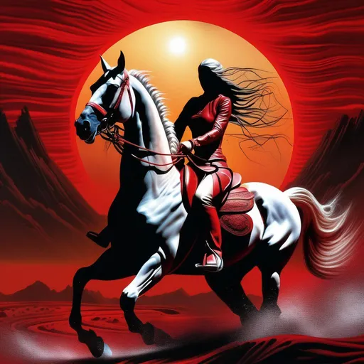 Prompt: goddess, perfect composition, hyperrealistic, super detailed, high quality, sharp focus, horseriding, violent, red sun