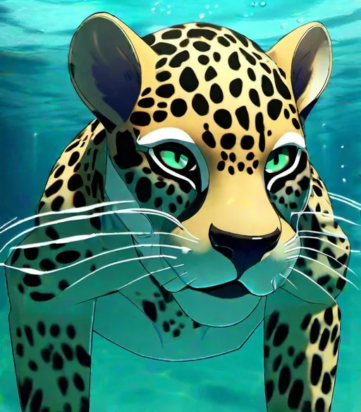 Prompt: Anthro furry jaguar swimming underwater