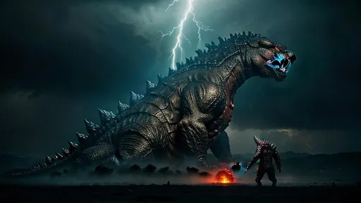 Prompt: Godzilla Inspired Monster Fighting another Giant Kaiju, New American monster Movie, Intensely Graphic, Insanely Detailed, intricately detailed, hyperdetailed, hyperrealistic, photorealism, film quality, dynamic lighting, volumetric lighting, 4K, #film, 8K resolution, firey, tornadic, thunderstorm, horror