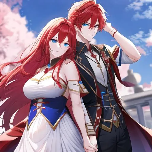Prompt: Zerif 1male (Red side-swept hair falling between the eyes, blue eyes), highly detailed face, 8K, Insane detail, best quality, UHD, Highly detailed, insane detail, high quality. He's holding Haley's hand, she is pregnant.