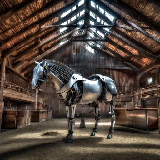 Prompt: a robot is feeding a horse in a futuristic barn. Canon EOS HDR