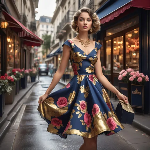 Prompt: Stepping into a picturesque street adorned with charming cafes and vibrant awnings, a young woman captivates attention in her striking floral dress. The garment, characterized by a bold navy background, features lush roses and intricate gold foliage that cascade down the flared skirt, exuding a vintage elegance. Her poised stance, accentuated by soft curls and delicate jewelry, radiates confidence against the backdrop of an inviting urban scene, where cobblestone paths glisten faintly with remnants of recent rain. The warm, ambient lighting creates a romantic atmosphere, enhancing the mood of leisure and sophistication, perfectly embodying a moment of grace in everyday life.