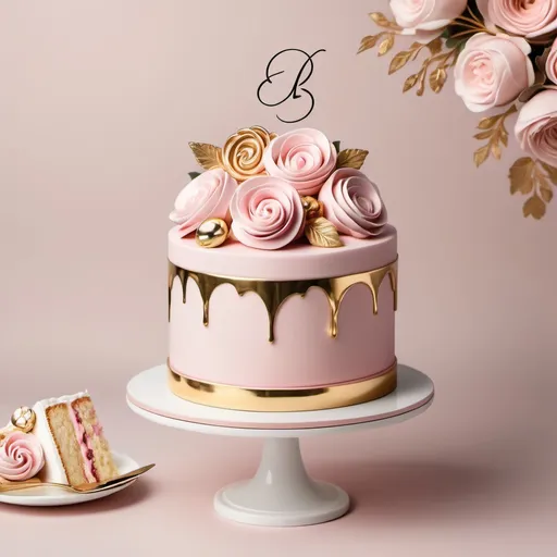 Prompt: Create a photo for a company. The logo should feature soft pink tones with golden accents. Incorporate elements related to cakes and desserts. The style should be elegant and modern, reflecting a sense of sophistication and sweetness