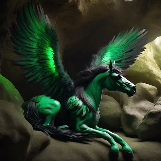 Prompt:  twisted pegasus animatronic hybrid, with focused emerald eyes. They identify as a Male. Emerald colored feathery wings and tail. dark Green ombre mane and tail. UHD, HD, 4K, green haze, green and black coat, lying down in a cave, asleep, resting, hyperrealistic, highly detailed