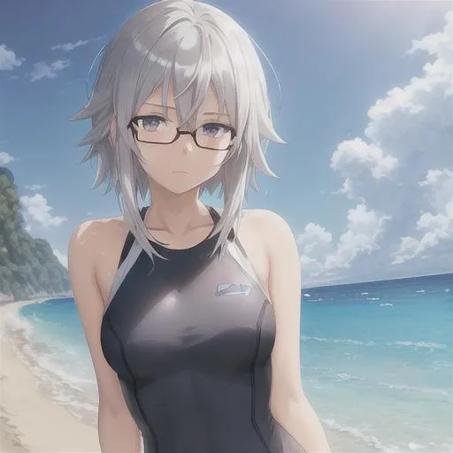 Prompt: Anime beach by Makoto Shinkai, Captivating 64k resolution digital artwork, cel shading, messy short hair, silver hair, lengthy thin hair by the sides of her face, dark blue eyes, gorgeous young woman wearing black glasses, navy blue swim suit