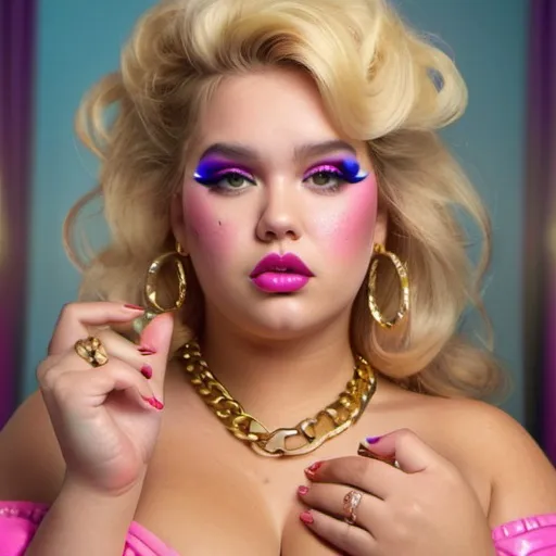 Prompt: Obese Blonde young woman with fat face, triple chin, heavy 80s makeup, two gold chains, fat arms, fat hands with rings, vivid Colors, realistic, detailed, high-quality, 80s glam, glamorous, vivid colours, realistic, highres, 
