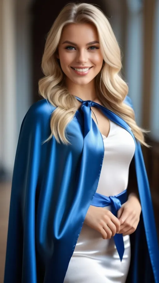 Prompt: Please produce a collectible card 
A Beautiful young blonde woman with long hair , smiling, short skirt, wearing a floor length blue and silver satin cape tied at the neck with a ribbon , (((full body visible))), looking at viewer, portrait, photography, detailed skin, realistic, photo-realistic, 8k, highly detailed, full length frame, High detail RAW color art, piercing, diffused soft lighting, shallow depth of field, sharp focus, hyperrealism, cinematic lighting