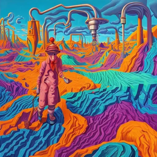 Prompt: Draw a person mining in the fashion of surrealism with vibrant colours