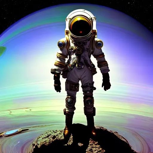 Prompt: steam punk futuristic spaceman standing on Saturn looking at Earth