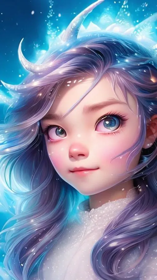 Prompt: An ice dragon girl little smile, anime icegirl, ice horns, using ice powers, smooth soft skin, big dreamy eyes, beautiful intricate colored hair, symmetrical, anime wide eyes, beautiful eyes, soft lighting, detailed face, by makoto shinkai, stanley artgerm lau, wlop, rossdraws, phone (9:16)