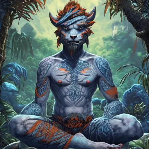 Prompt: blue and orange haired boy with sharp teeth sitting cross legged in a jungle while meditating elder scrolls artwork