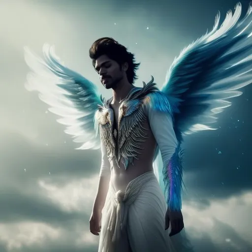 Prompt: /imagine prompt: color photo of a man with wings, a mysterious and ethereal being that defies the laws of nature. His wings stretch wide, adorned with iridescent feathers that shimmer in the sunlight. The man's expression is serene, his eyes filled with a sense of wonder and freedom. The environment surrounding him is an open sky, with fluffy clouds and a backdrop of a golden sunset, creating a magical and enchanting atmosphere. The mood is one of awe and enchantment, as the man gracefully soars through the heavens, embracing the limitless possibilities of flight. The camera settings for this otherworldly capture include a high-resolution digital camera, capturing the intricate details of the man's wings and expression. The lens used is a wide-angle lens, allowing for a sweeping view of the expansive sky. This unlikely collaboration of directors, cinematographers, photographers, fashion designers, including Guillermo del Toro, Emmanuel Lubezki, Tim Walker, and Alexander McQueen, would bring forth a visual narrative that blurs the boundaries between reality and fantasy, leaving viewers captivated and inspired. —c 10 —ar 2:3