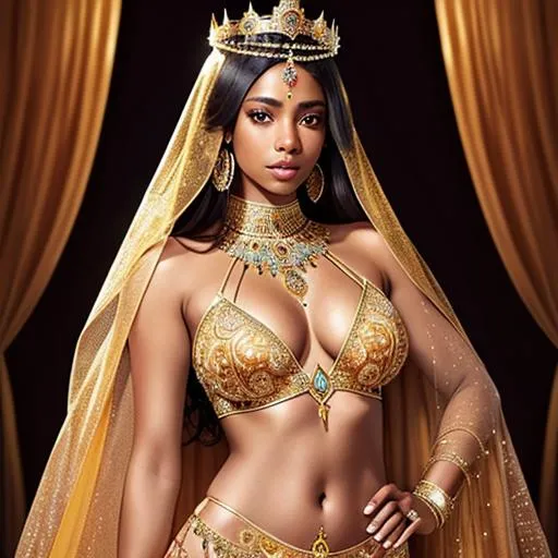 Prompt: beautiful and elegant Amber Goddess (slim dark skinned latina fashion model) with Amber hair, Amber eyes, and cute face, show full body, jeweled face and arabic crown, plunging neckline,  transparent background, perfect composition, hyperrealistic, super detailed, 8k, high quality, trending art, trending on artstation, sharp focus, studio photo, intricate details, highly detailed, by greg rutkowski and BD Zhandt