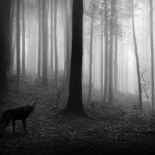 Prompt: a forest, dark, scary, cool wolf