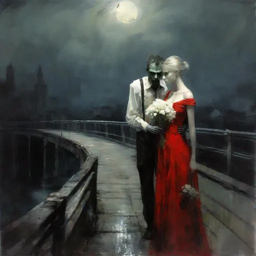 Prompt: "portrait of Moonlit beautiful couple of zombies in love: sad, dramatic, eldritch,  moon, waiting on a bridge, holding white flowers in the night, wearing a red dress, watercolour art by Jeremy Mann: nekro: oil painting: high contrast: 3D: ultra fine_art: dramatic lighting: Van Gogh, fantasy: sharp focus: pencil sketch: professional photography: ZBrushCentral: finalRender: Unreal Engine 5: Deep colors: depth of field: Trending on Artstation, by Amina Bouraoui

